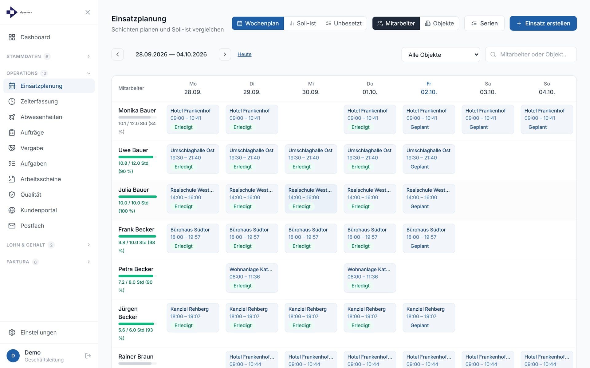 Wochenplan der Einsatzplanung mit Einsätzen je Mitarbeiter und Objekt, Status und Stundenbalken