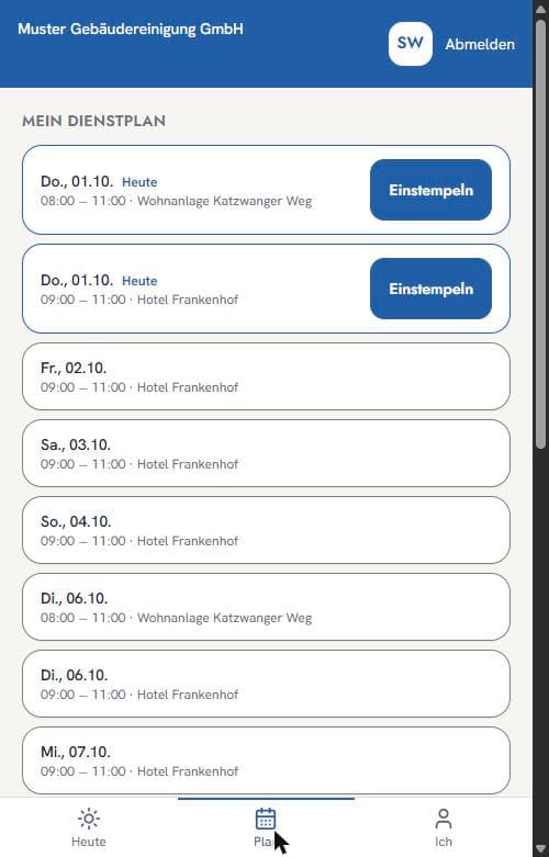 Dienstplan in der Mitarbeiter-App mit den Einsätzen der nächsten Tage, Datum, Uhrzeit und Objekt
