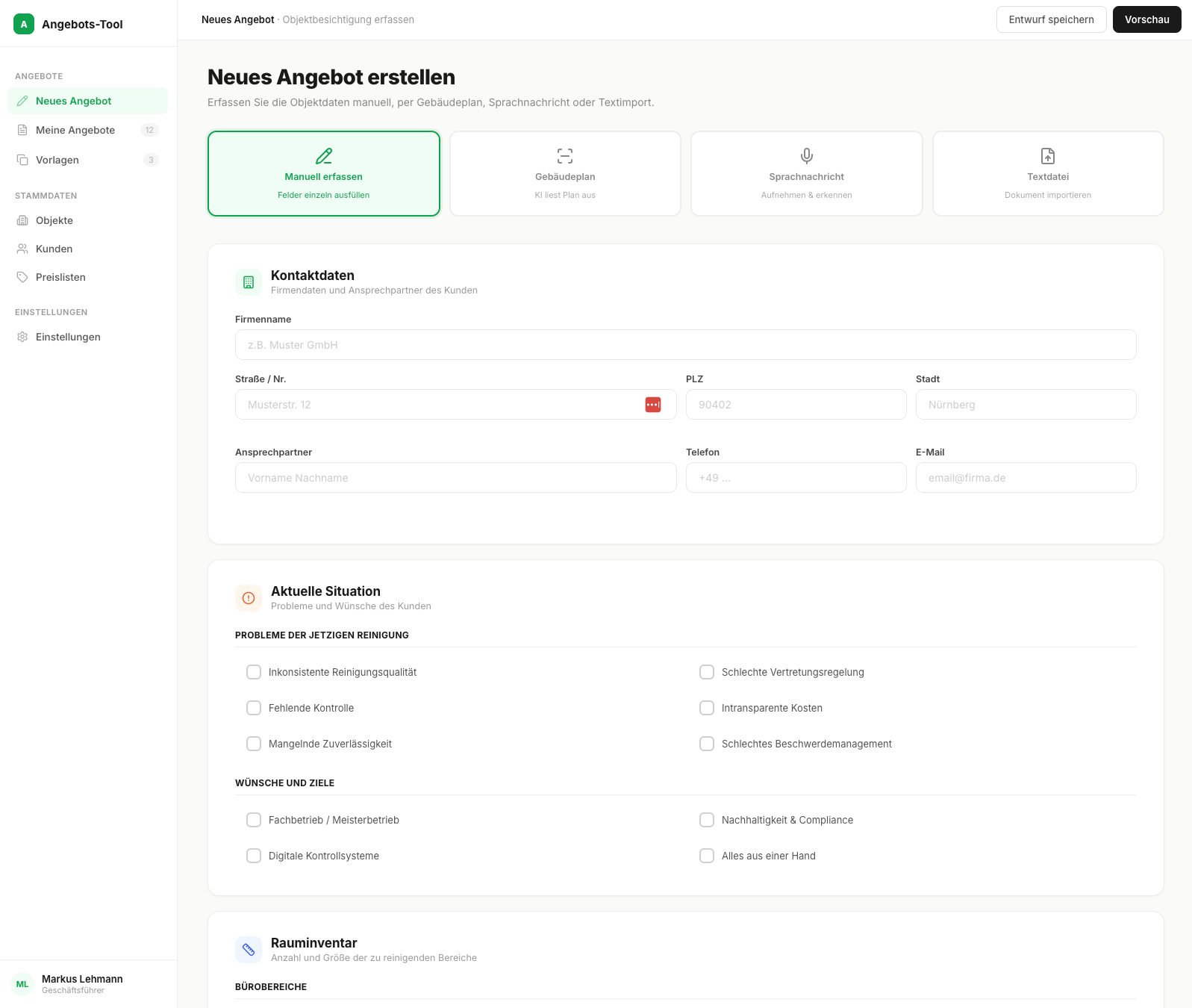 Angebots-Tool: Objektbesichtigung erfassen mit Kontaktdaten, aktueller Situation und Rauminventar