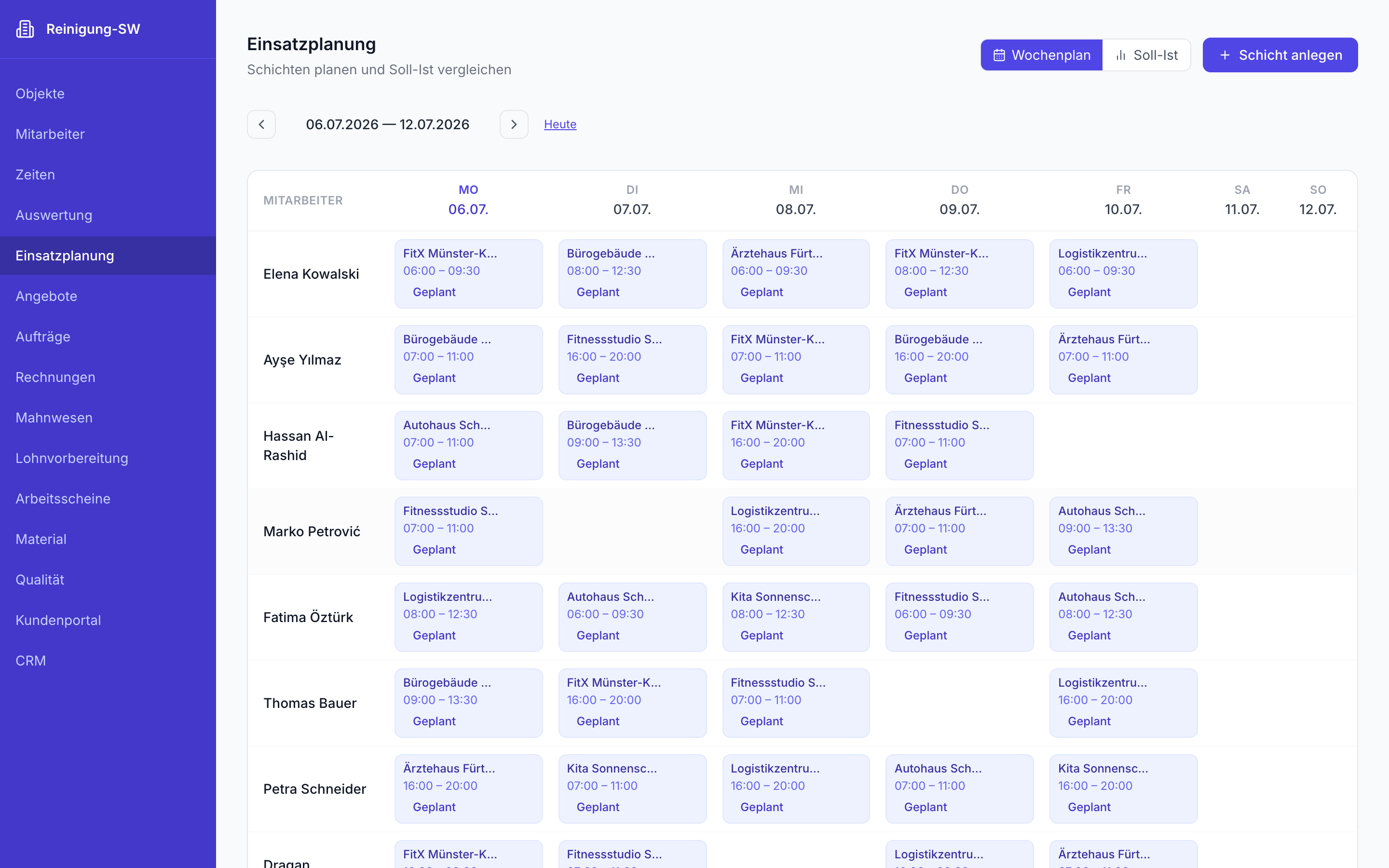 Wochenplan mit Schichten je Mitarbeiter, Objekt und Status
