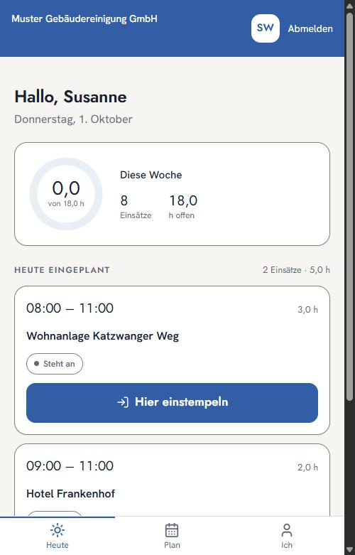 Mitarbeiter-App auf dem Handy: Heute eingeplante Einsätze mit Knopf zum Einstempeln